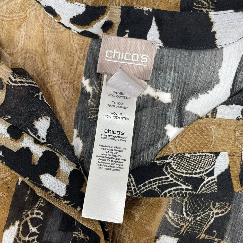 Chicos 1 M Brown Animal Print Button Down Roll Tab Sleeve Safari Mob Wife Blouse - Picture 5 of 10